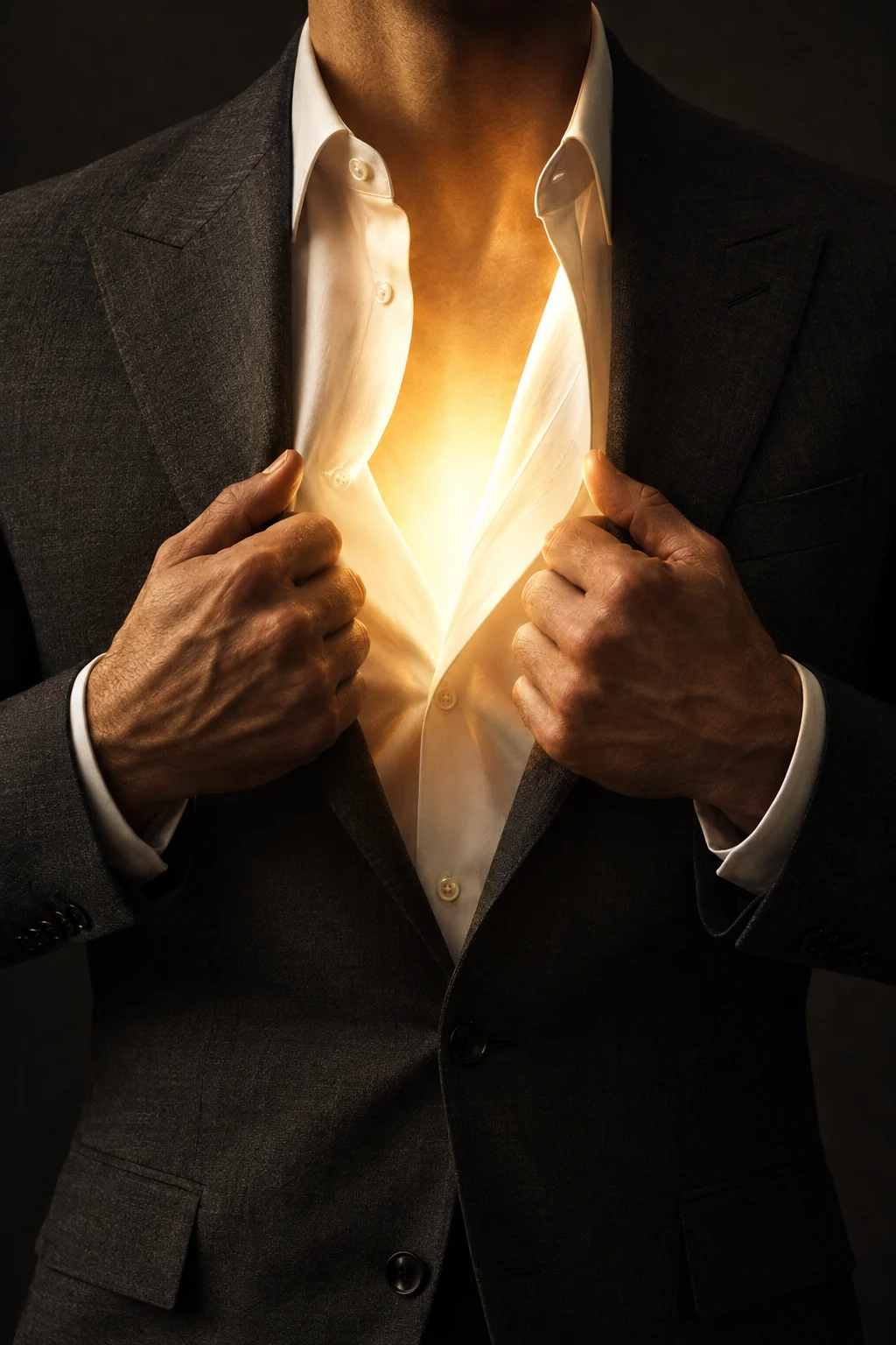 A man in a tailored charcoal suit drawing his jacket open as warm golden light shines from his chest