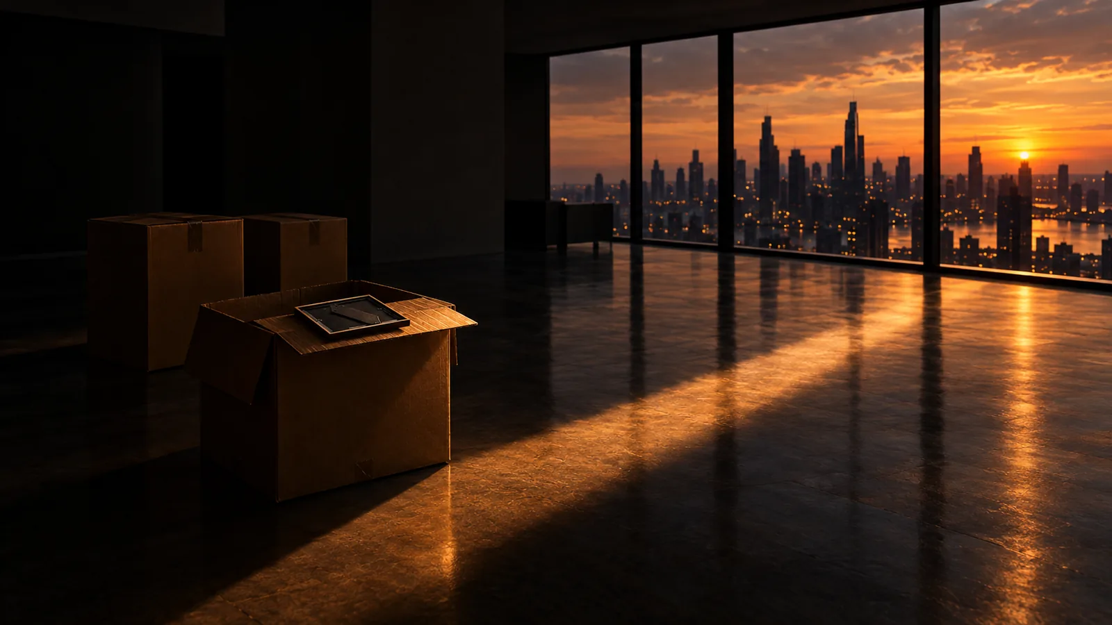 Moving boxes in an empty city apartment at dusk, a framed photograph resting on an open box in a shaft of amber light