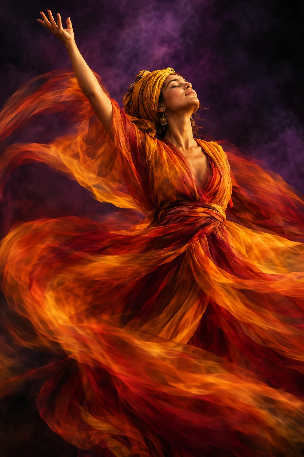 A woman spinning in ecstatic dance, eyes closed and arm raised, her flame-colored dress swirling against violet smoke