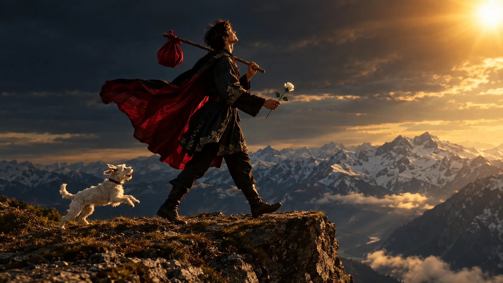 A young traveler with a staff and crimson bundle strides toward a cliff edge above snowy peaks, face lifted to the sun, a white rose in hand and a small white dog leaping at his heels
